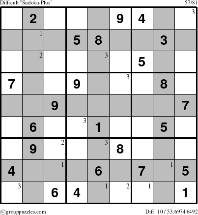 The grouppuzzles.com Difficult Sudoku-Plus puzzle for  with the first 3 steps marked
