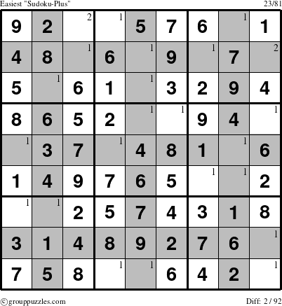 The grouppuzzles.com Easiest Sudoku-Plus puzzle for  with the first 2 steps marked
