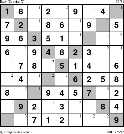 The grouppuzzles.com Easy Sudoku-X-d1 puzzle for  with the first 3 steps marked