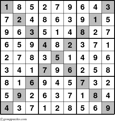 The grouppuzzles.com Answer grid for the Sudoku-X-d1 puzzle for 