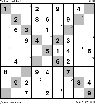 The grouppuzzles.com Medium Sudoku-X-d1 puzzle for  with the first 3 steps marked