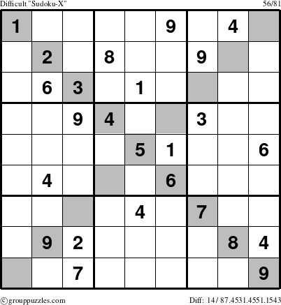The grouppuzzles.com Difficult Sudoku-X-d1 puzzle for 