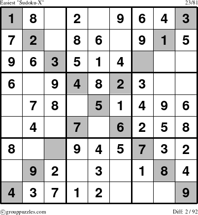 The grouppuzzles.com Easiest Sudoku-X-d1 puzzle for 