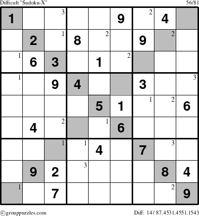 The grouppuzzles.com Difficult Sudoku-X-d1 puzzle for  with the first 3 steps marked