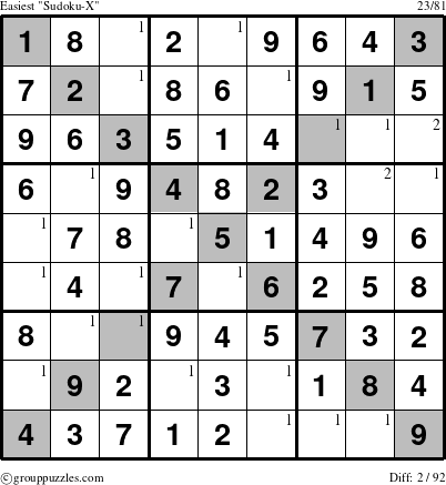 The grouppuzzles.com Easiest Sudoku-X-d1 puzzle for  with the first 2 steps marked