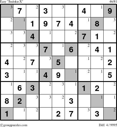 The grouppuzzles.com Easy Sudoku-X-d2 puzzle for  with the first 3 steps marked