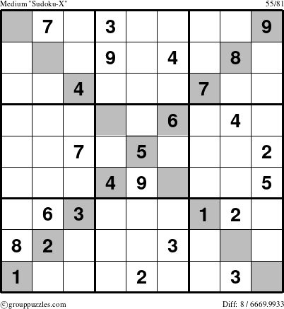 The grouppuzzles.com Medium Sudoku-X-d2 puzzle for 