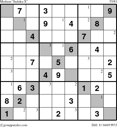 The grouppuzzles.com Medium Sudoku-X-d2 puzzle for  with the first 3 steps marked