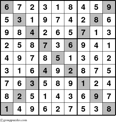 The grouppuzzles.com Answer grid for the Sudoku-X-d2 puzzle for 