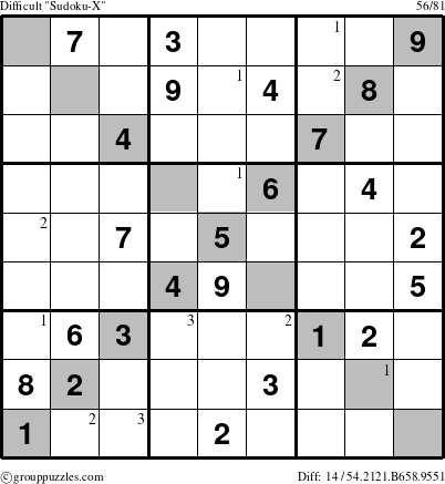 The grouppuzzles.com Difficult Sudoku-X-d2 puzzle for  with the first 3 steps marked