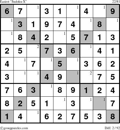 The grouppuzzles.com Easiest Sudoku-X-d2 puzzle for  with the first 2 steps marked