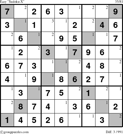 The grouppuzzles.com Easy Sudoku-X puzzle for  with the first 3 steps marked