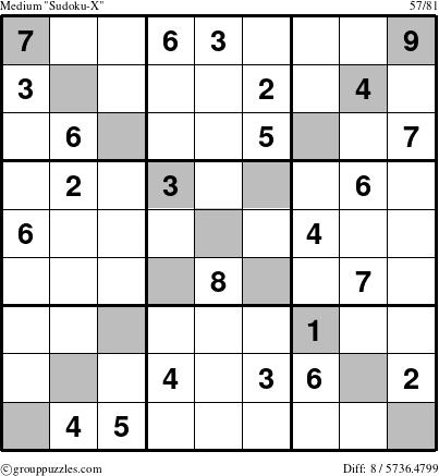 The grouppuzzles.com Medium Sudoku-X puzzle for 