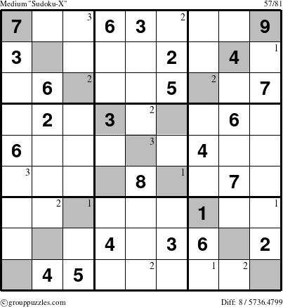 The grouppuzzles.com Medium Sudoku-X puzzle for  with the first 3 steps marked