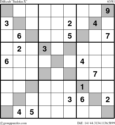 The grouppuzzles.com Difficult Sudoku-X puzzle for 