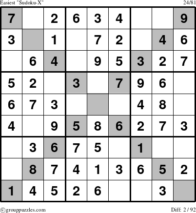 The grouppuzzles.com Easiest Sudoku-X puzzle for 