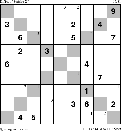 The grouppuzzles.com Difficult Sudoku-X puzzle for  with the first 3 steps marked