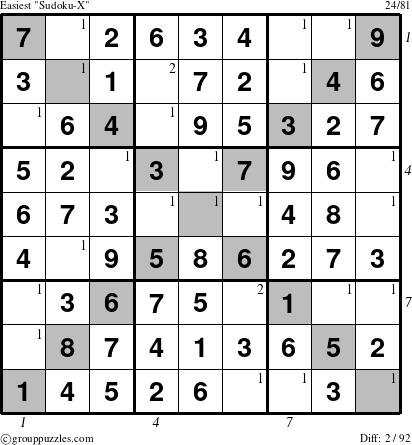 The grouppuzzles.com Easiest Sudoku-X puzzle for  with all 2 steps marked