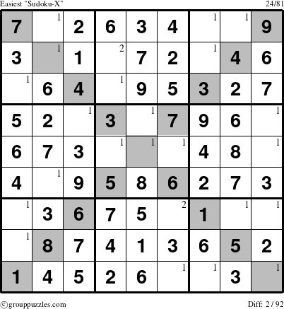 The grouppuzzles.com Easiest Sudoku-X puzzle for  with the first 2 steps marked