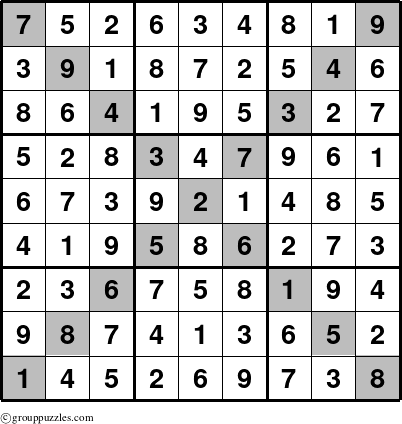 The grouppuzzles.com Answer grid for the Sudoku-X puzzle for 