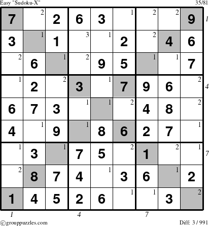 The grouppuzzles.com Easy Sudoku-X puzzle for  with all 3 steps marked