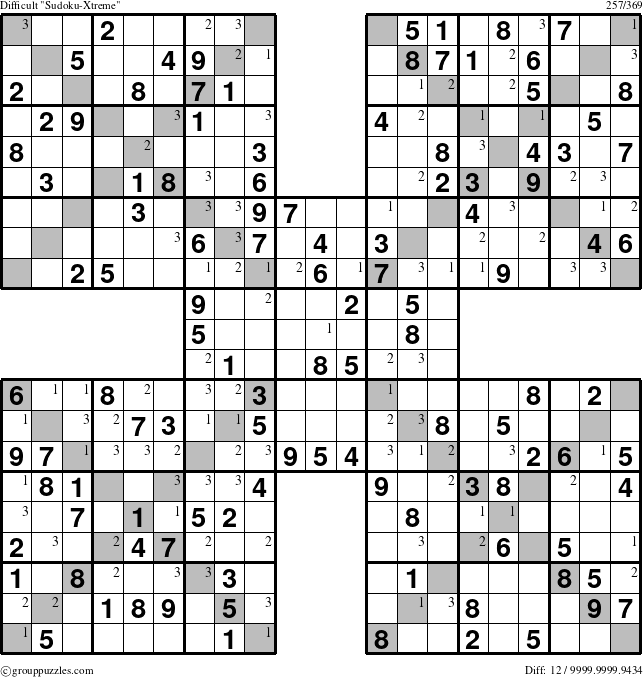 The grouppuzzles.com Difficult Sudoku-Xtreme puzzle for  with the first 3 steps marked