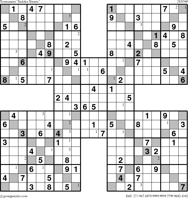 The grouppuzzles.com Tournament Sudoku-Xtreme puzzle for  with the first 3 steps marked