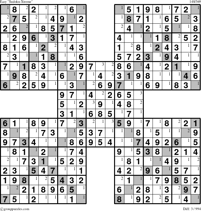 The grouppuzzles.com Easy Sudoku-Xtreme puzzle for  with the first 3 steps marked
