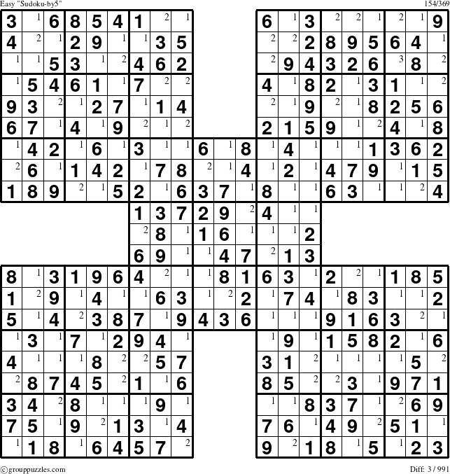 The grouppuzzles.com Easy Sudoku-by5 puzzle for  with the first 3 steps marked
