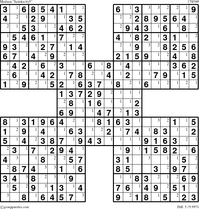 The grouppuzzles.com Medium Sudoku-by5 puzzle for  with the first 3 steps marked