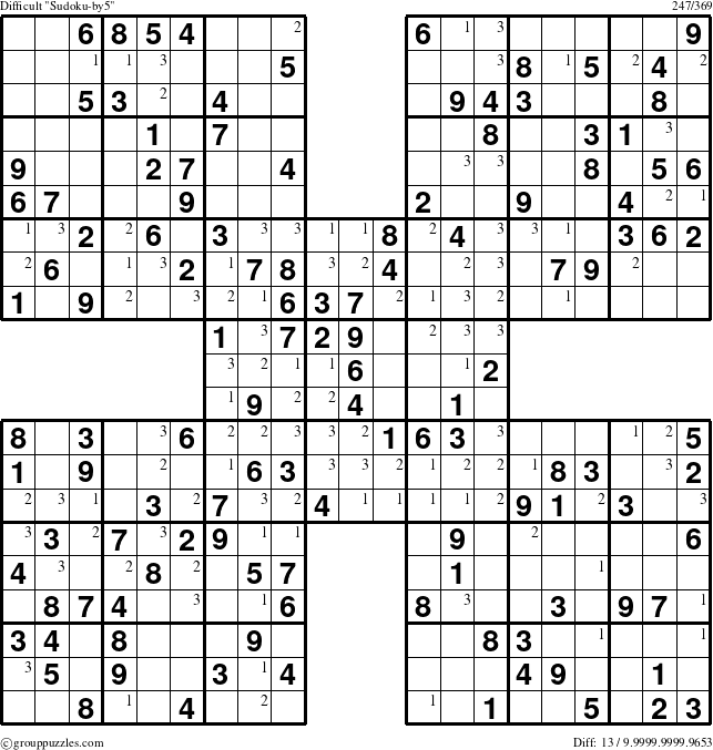 The grouppuzzles.com Difficult Sudoku-by5 puzzle for  with the first 3 steps marked