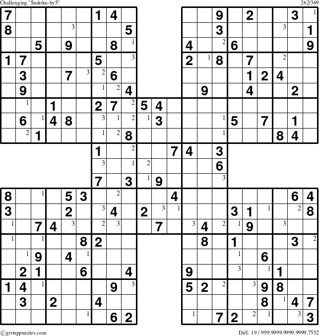 The grouppuzzles.com Challenging Sudoku-by5 puzzle for  with the first 3 steps marked