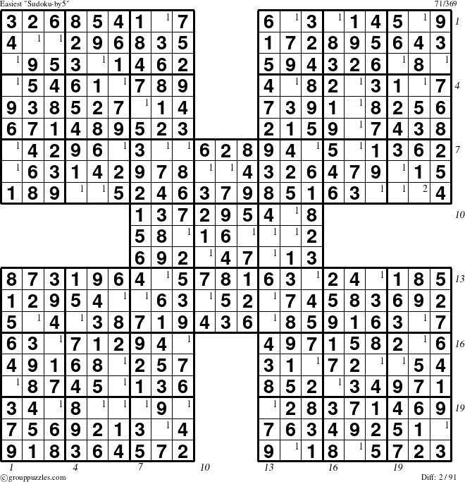 The grouppuzzles.com Easiest Sudoku-by5 puzzle for  with all 2 steps marked