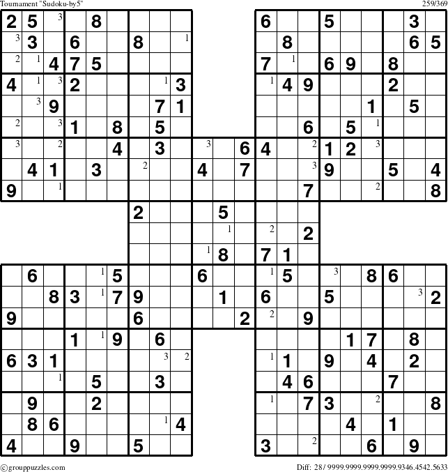 The grouppuzzles.com Tournament Sudoku-by5 puzzle for  with the first 3 steps marked