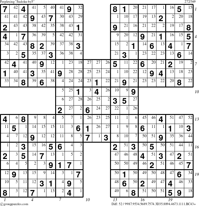 The grouppuzzles.com Perplexing Sudoku-by5 puzzle for  with all 52 steps marked