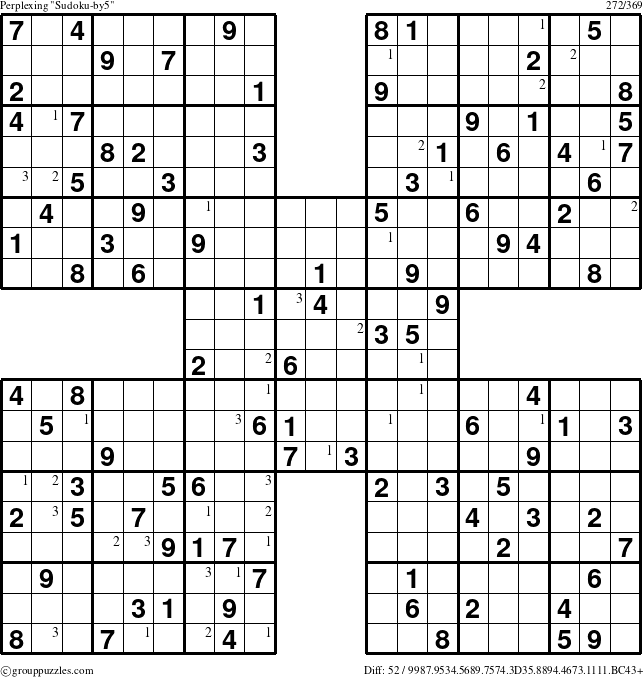 The grouppuzzles.com Perplexing Sudoku-by5 puzzle for  with the first 3 steps marked