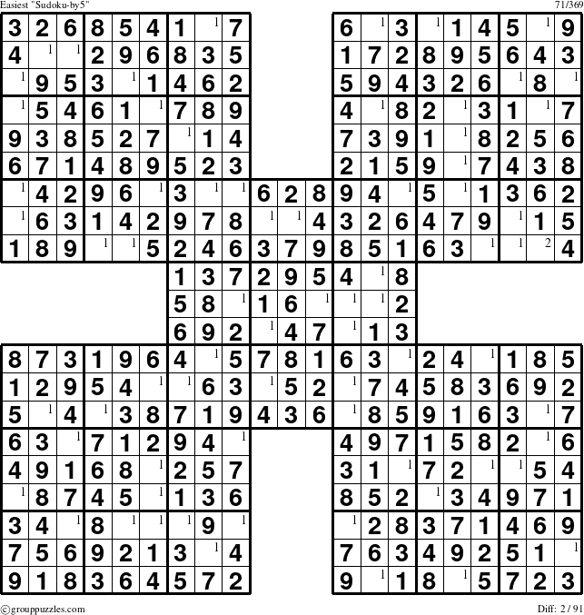 The grouppuzzles.com Easiest Sudoku-by5 puzzle for  with the first 2 steps marked