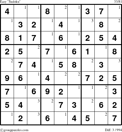 The grouppuzzles.com Easy Sudoku puzzle for  with the first 3 steps marked