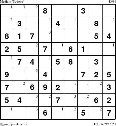 The grouppuzzles.com Medium Sudoku puzzle for  with the first 3 steps marked