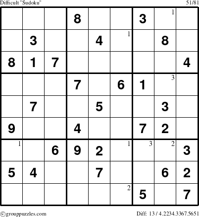 The grouppuzzles.com Difficult Sudoku puzzle for  with the first 3 steps marked