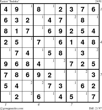 The grouppuzzles.com Easiest Sudoku puzzle for  with all 2 steps marked