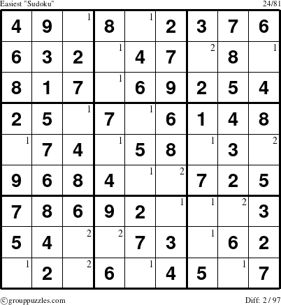 The grouppuzzles.com Easiest Sudoku puzzle for  with the first 2 steps marked