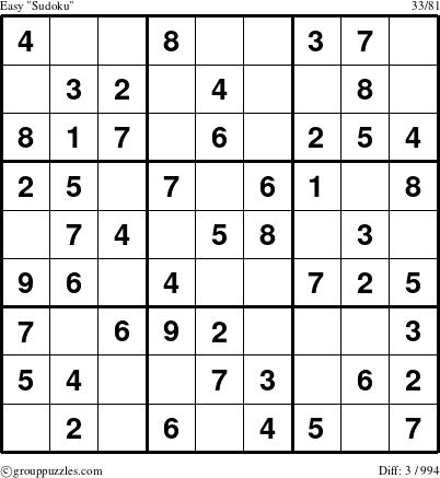 The grouppuzzles.com Easy Sudoku puzzle for 