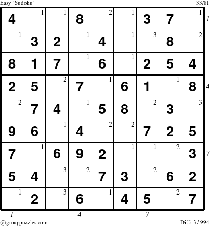 The grouppuzzles.com Easy Sudoku puzzle for  with all 3 steps marked