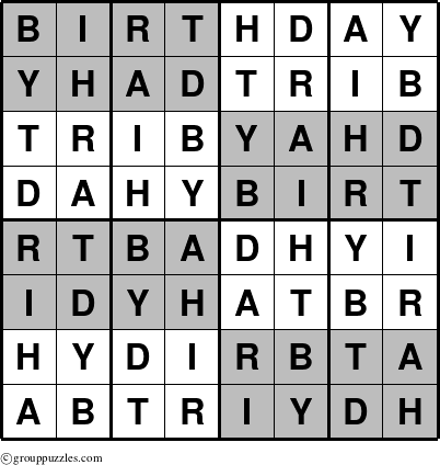 The grouppuzzles.com Answer grid for the Super-Birthday puzzle for 