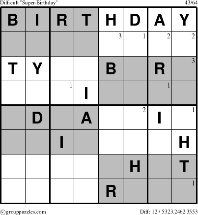 The grouppuzzles.com Difficult Super-Birthday puzzle for  with the first 3 steps marked