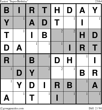 The grouppuzzles.com Easiest Super-Birthday puzzle for  with the first 2 steps marked