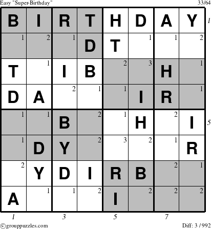 The grouppuzzles.com Easy Super-Birthday puzzle for  with all 3 steps marked