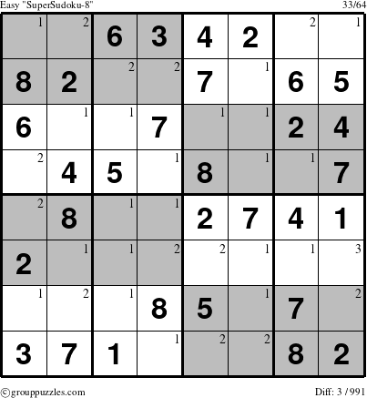 The grouppuzzles.com Easy SuperSudoku-8 puzzle for  with the first 3 steps marked