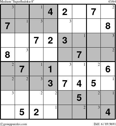 The grouppuzzles.com Medium SuperSudoku-8 puzzle for  with the first 3 steps marked
